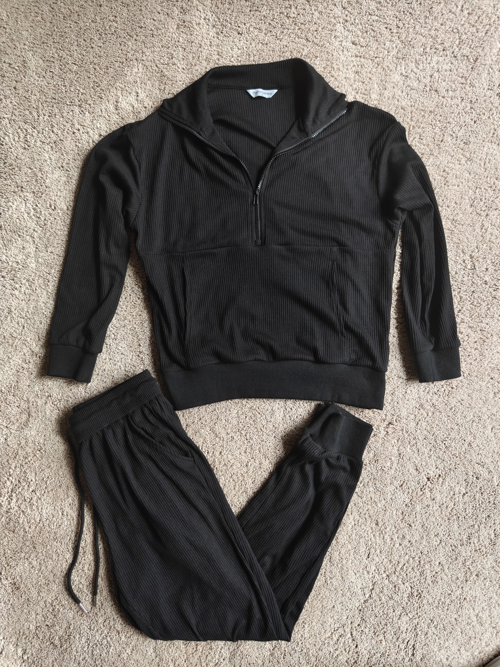 Pretty Garden Black Ribbed Quarter Zip Loungewear Set With Joggers